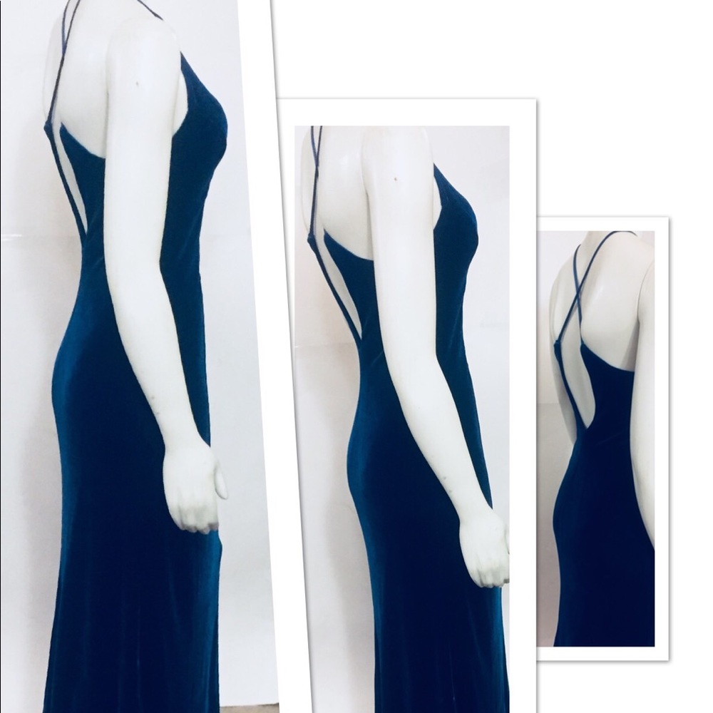 Vtg Sapphire Blue Velvet Train Halter Cross Dress